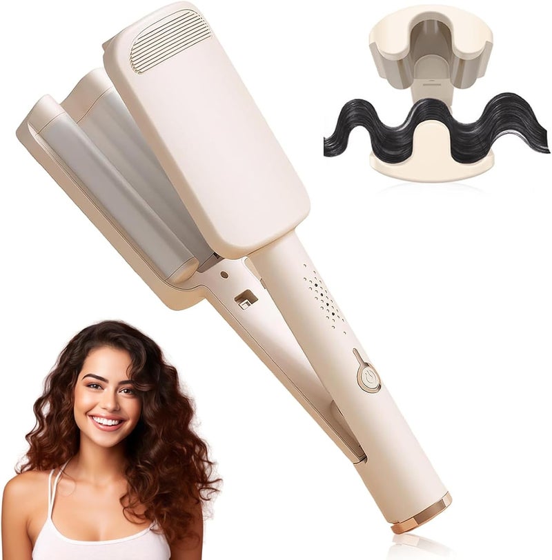 UJIO Hair Crimper for Women, 3 Barrel Beach Waver Curling Iron with 4 Temp Adjustable, Dual Voltage, Anti-Scald, Travel Lock, Fast Heating Crimper Hair Tool for All Hair Types (Beige) - Image 1